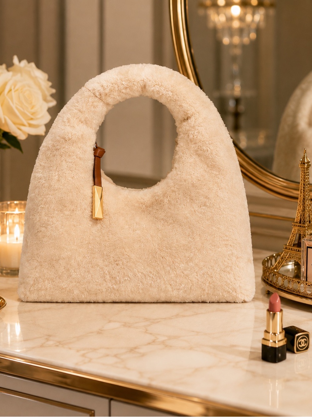 I.N.C. International Concepts Nyrah Faux Fur Hobo Bag Cream Cozy Winter NWT